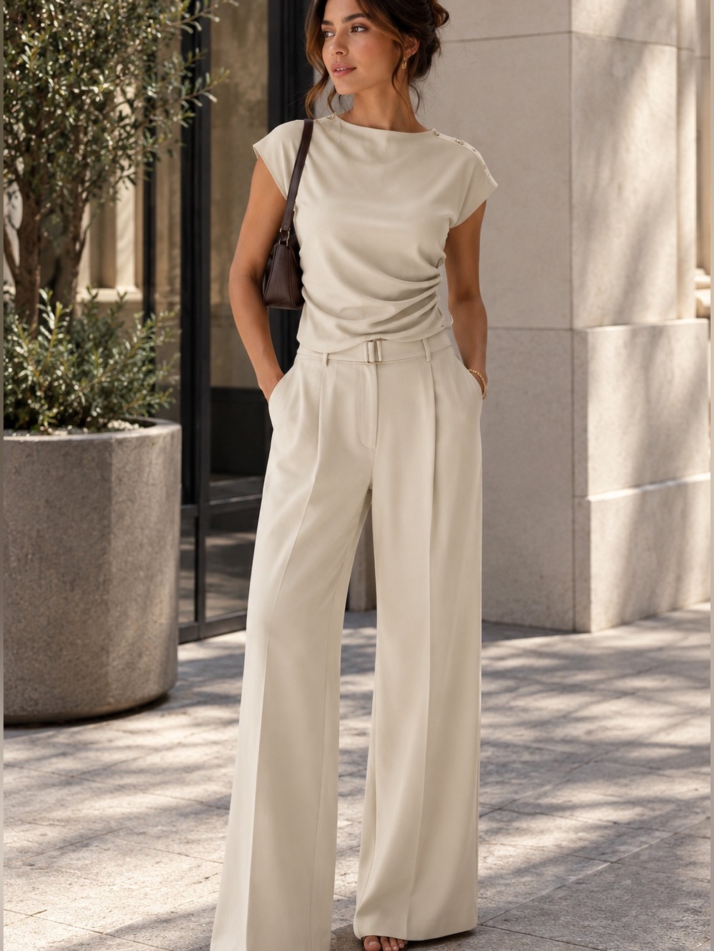 COMMENSE Cream Draped Top & Wide-Leg Pants Set